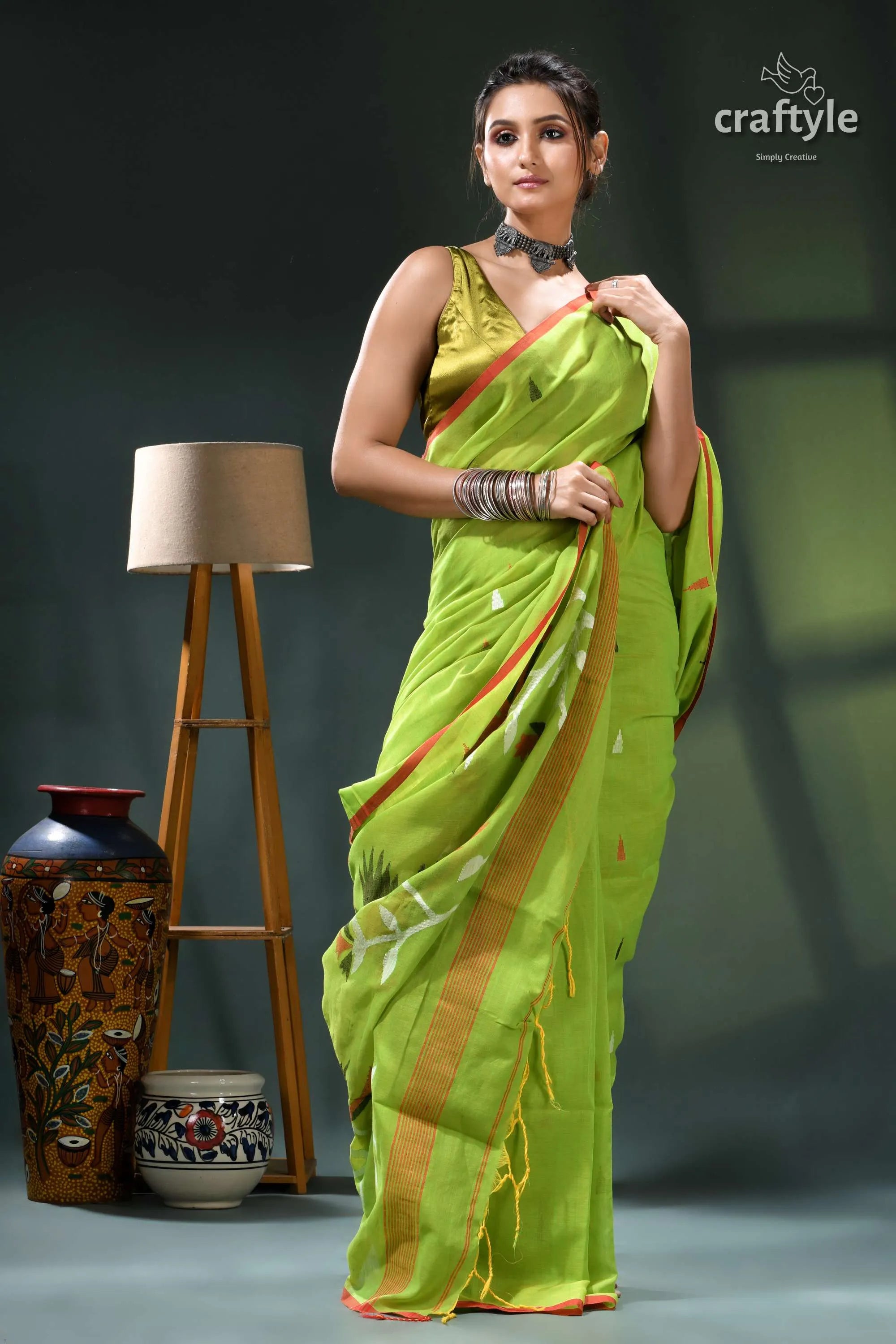 Handwoven design apple green soft cotton jamdani saree lime orange white 4