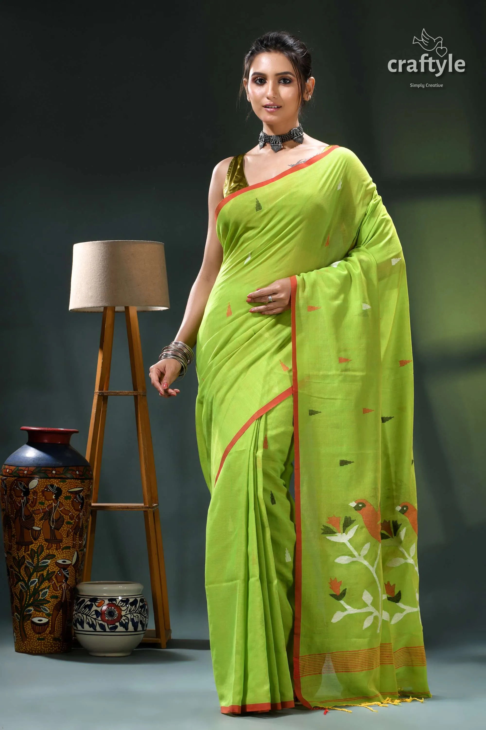 Handwoven design apple green soft cotton jamdani saree lime floral embroidery 1