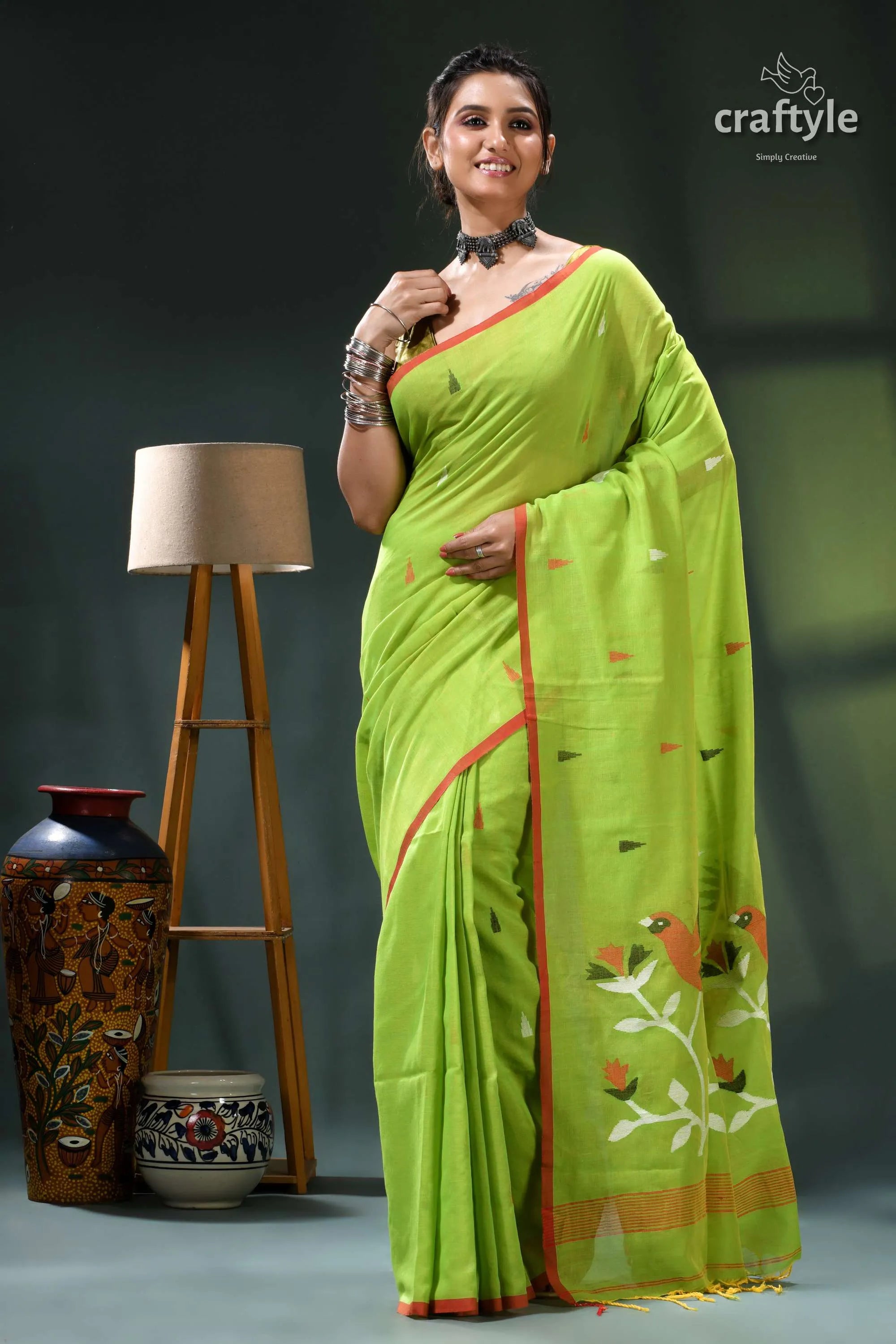 Handwoven design apple green soft cotton jamdani saree lime floral embroidery 6