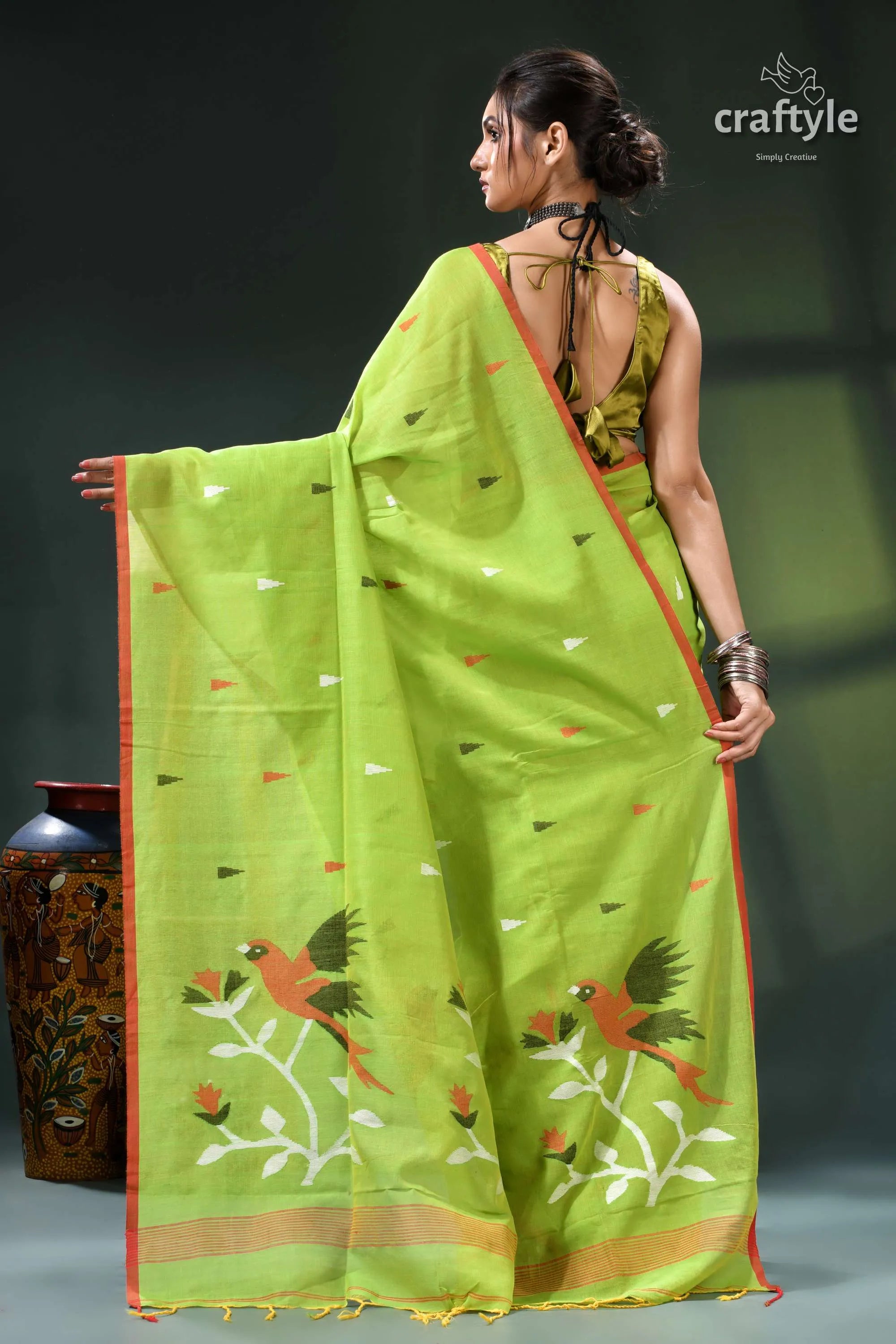 Handwoven design apple green soft cotton jamdani saree bird embroidered orange 5