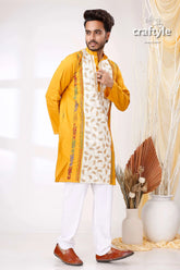 Harvest gold and white kantha work men’s cotton kurta man yellow kurta white pants 4