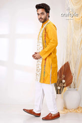 Harvest gold and white kantha work men’s cotton kurta man yellow white embroidered kurta 3