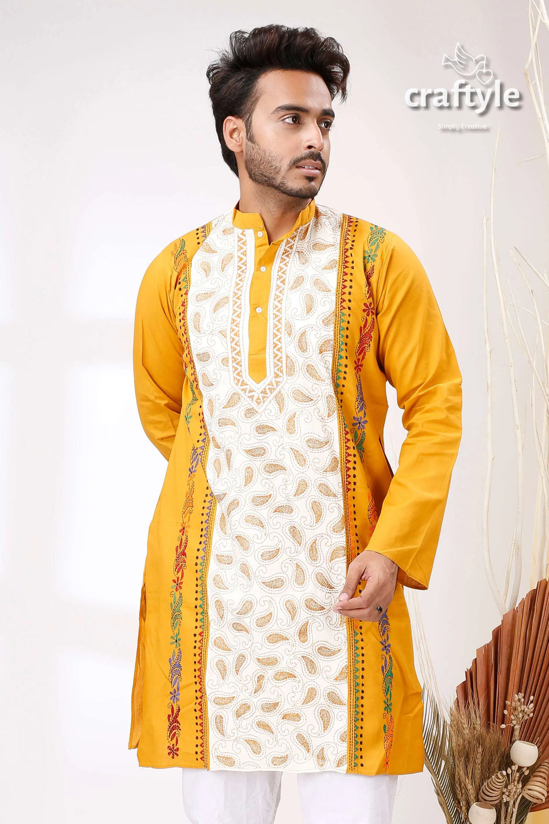 Harvest gold and white kantha work menās cotton kurta mustard-yellow embroidered kurta 2