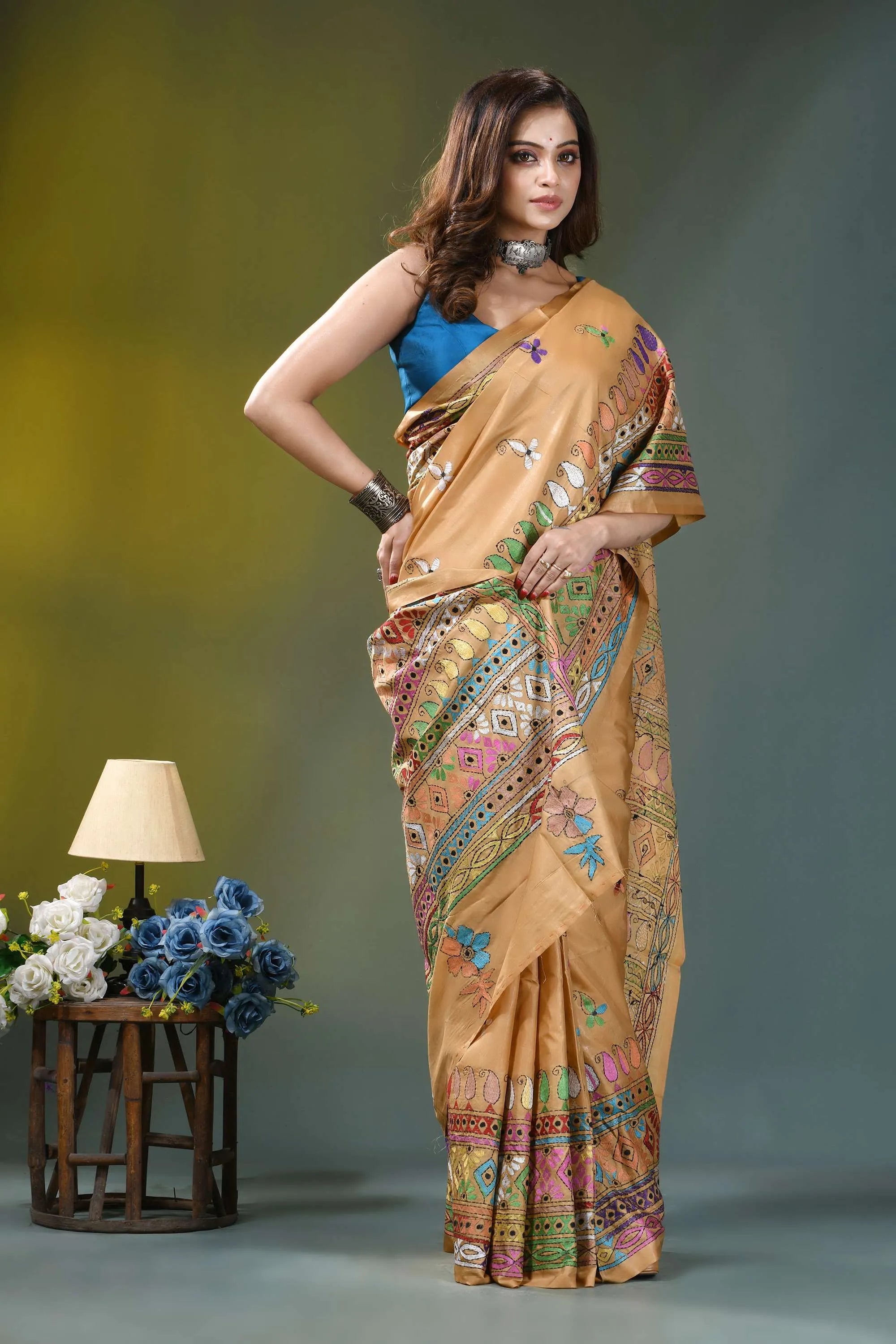 Harvest gold geometric handmade silk kantha saree woman wears golden-brown silk saree 4