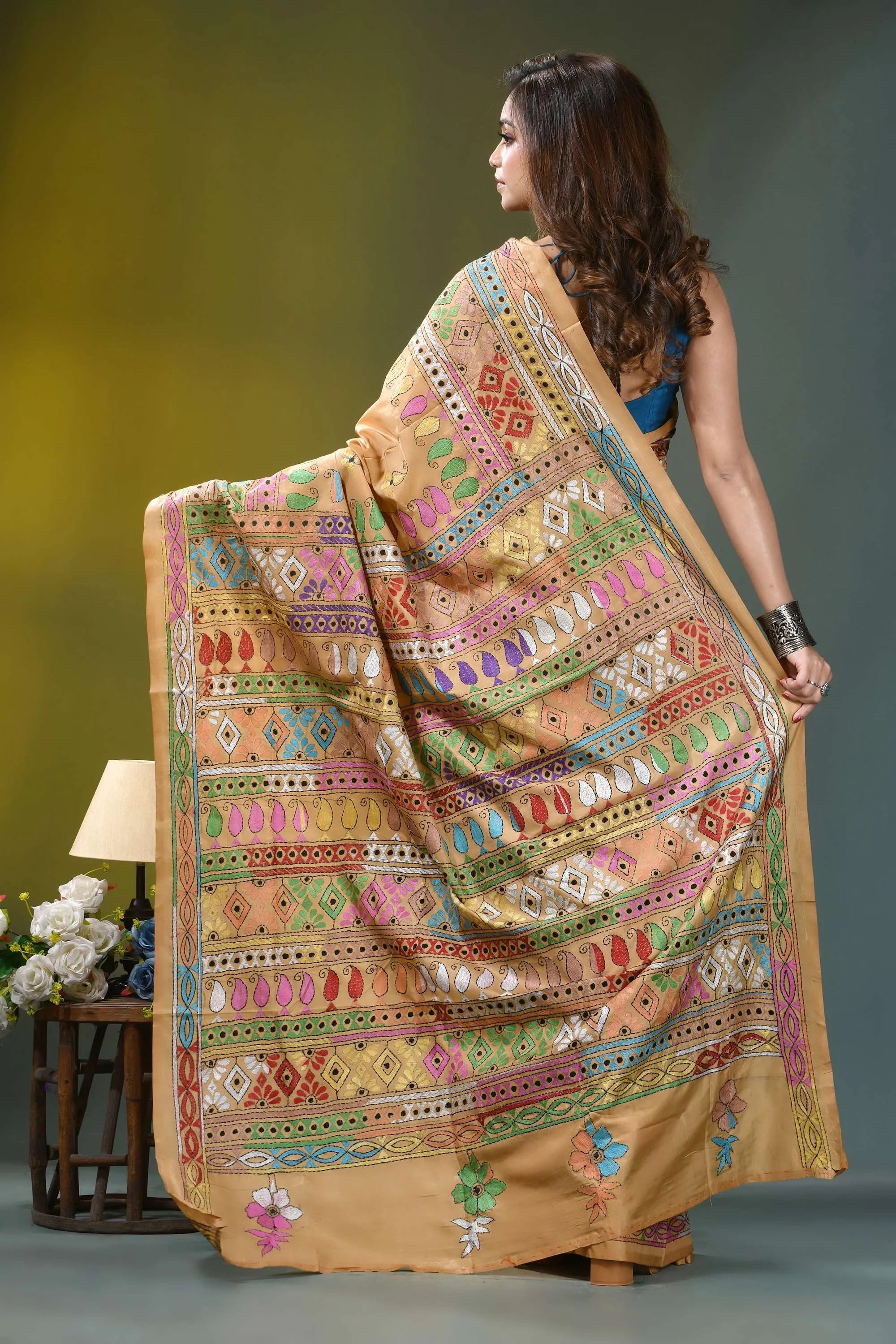 Harvest gold geometric handmade silk kantha saree vibrant intricately embroidered beige saree 5