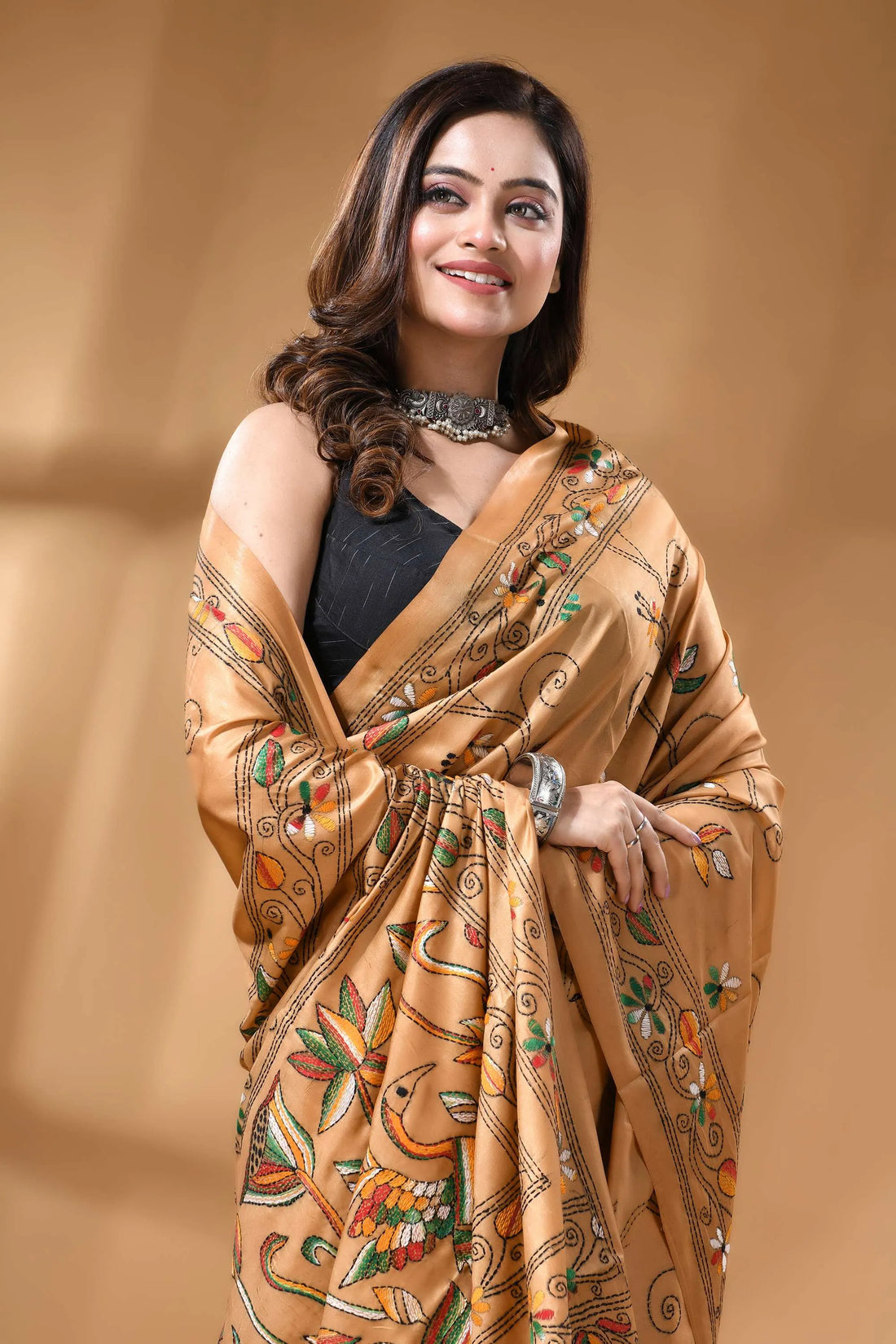 Harvest gold swan motif hand embroidered silk kantha saree golden-brown silk saree adorned intricate 2