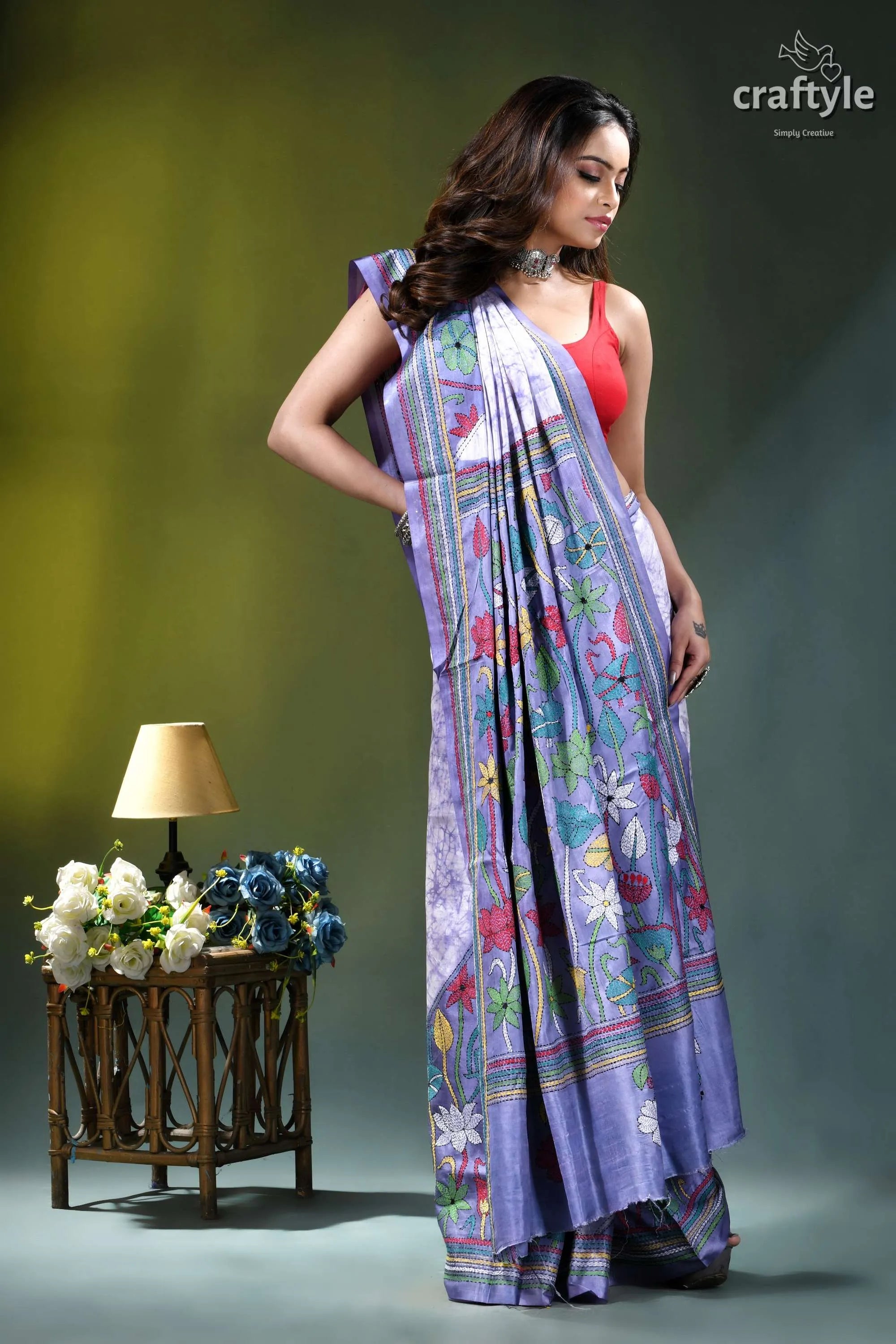Hawkes blue lotus design hand batik kantha silk saree woman wears lavender-colored saree intricate 7