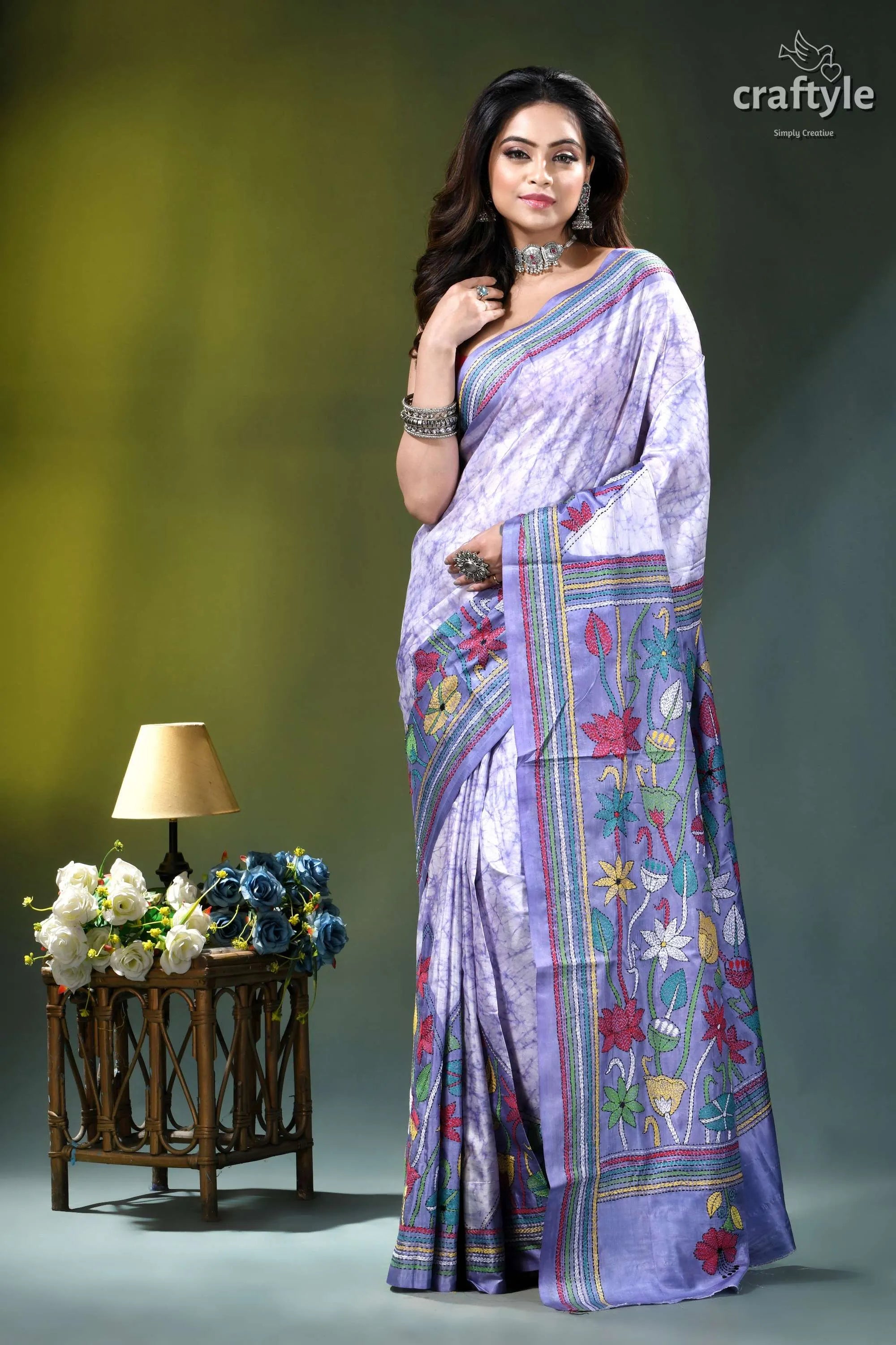 Hawkes blue lotus design hand batik kantha silk saree lavender silk saree intricate floral 6