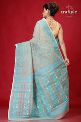 Heathered grey exclusive jamdani saree light blue patterned saree 5
