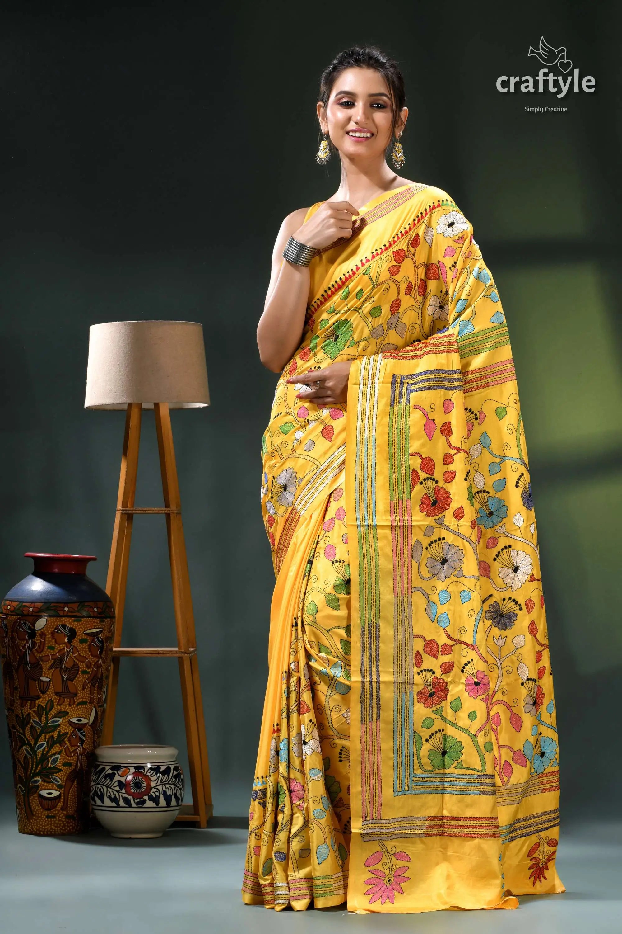 Hibiscus motif tangerine yellow traditional silk kantha work saree yellow floral saree intricate designs 6