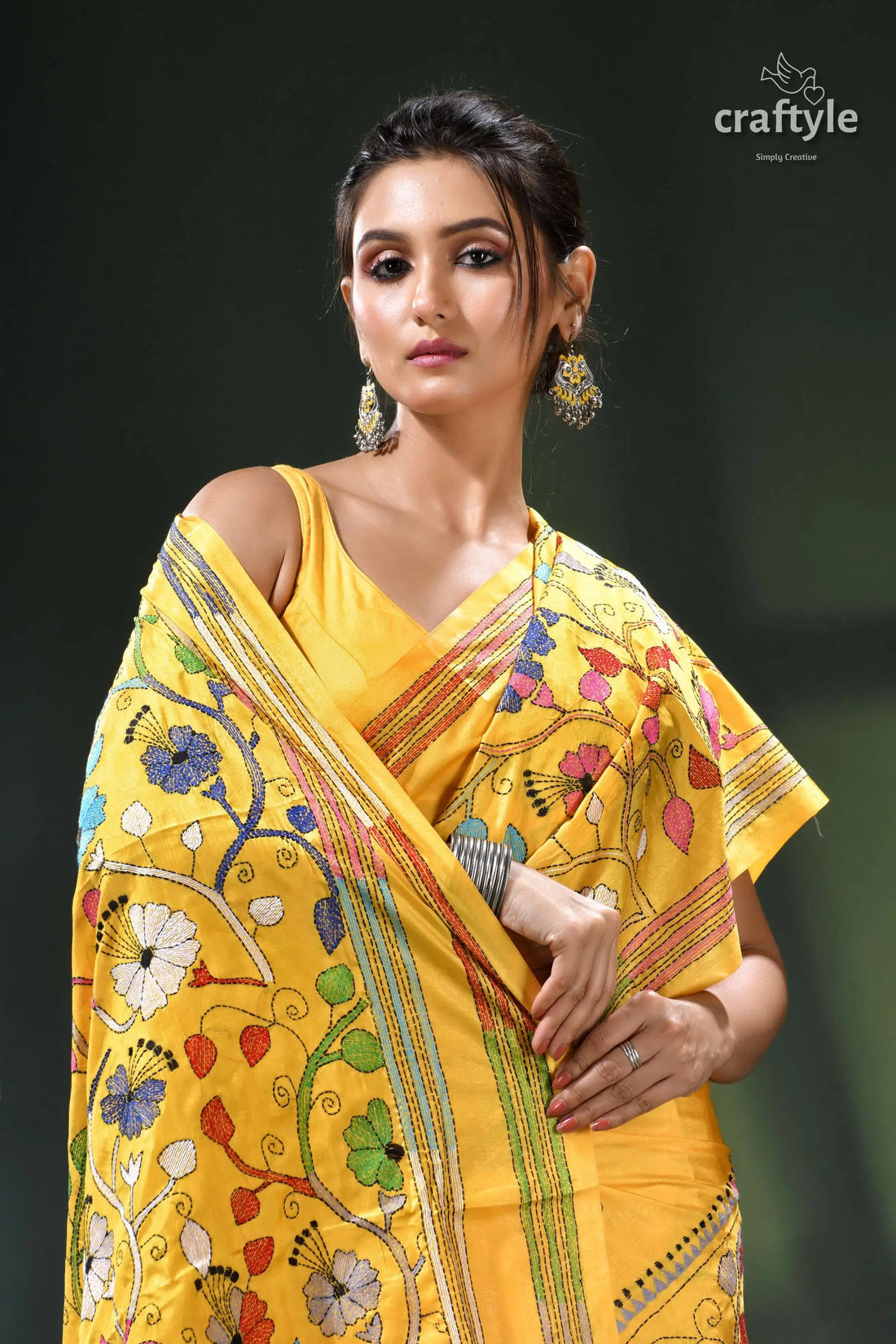 Hibiscus motif tangerine yellow traditional silk kantha work saree yellow floral saree brown border 2