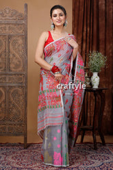 Hit grey red jamdani saree with intricate design gray floral embroidered saree 4