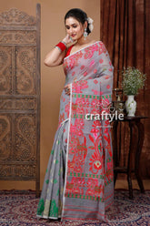 Hit grey red jamdani saree with intricate design gray saree pink floral embroidery 3