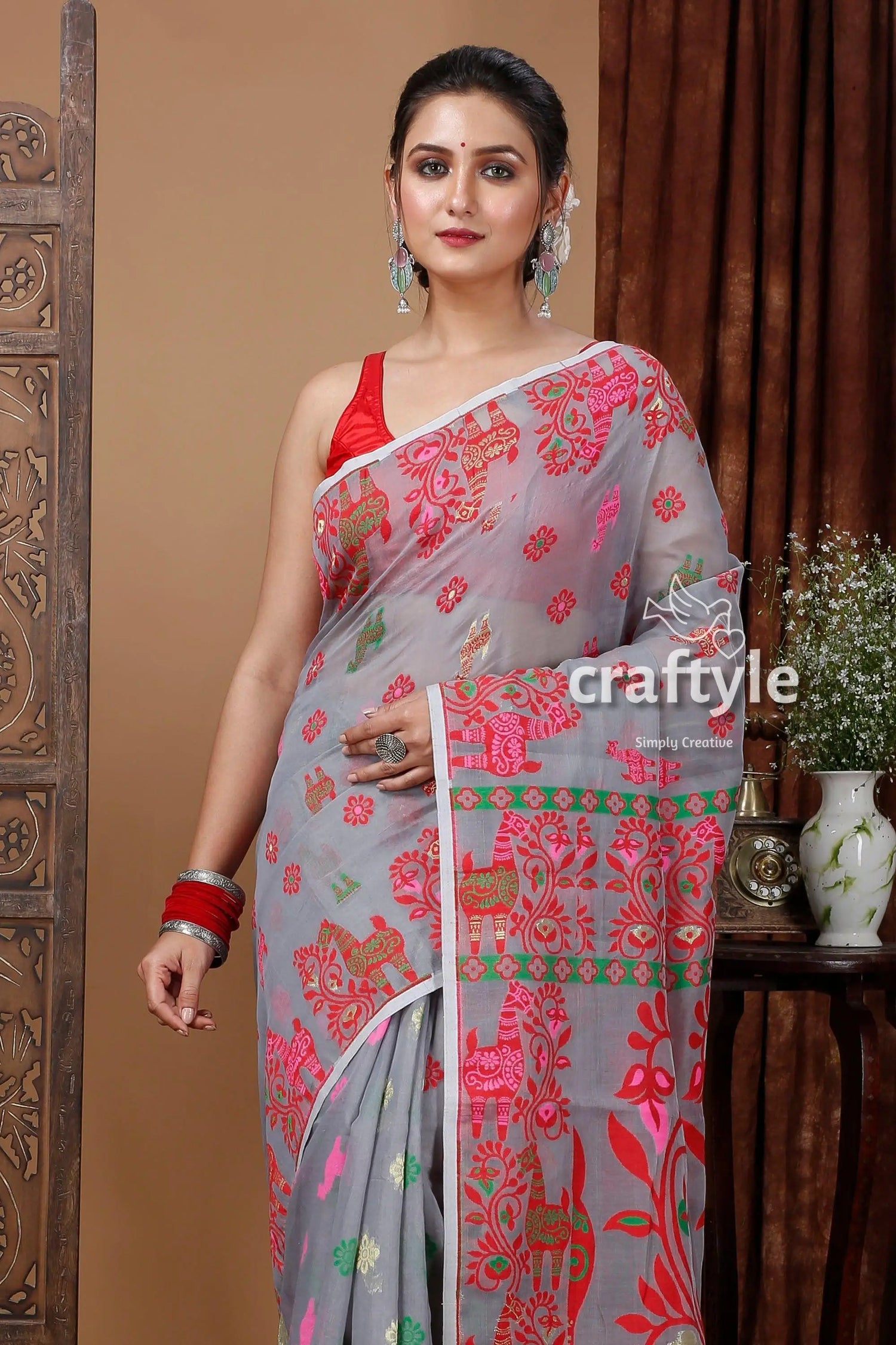 Hit grey red jamdani saree with intricate design gray saree pink green floral 2