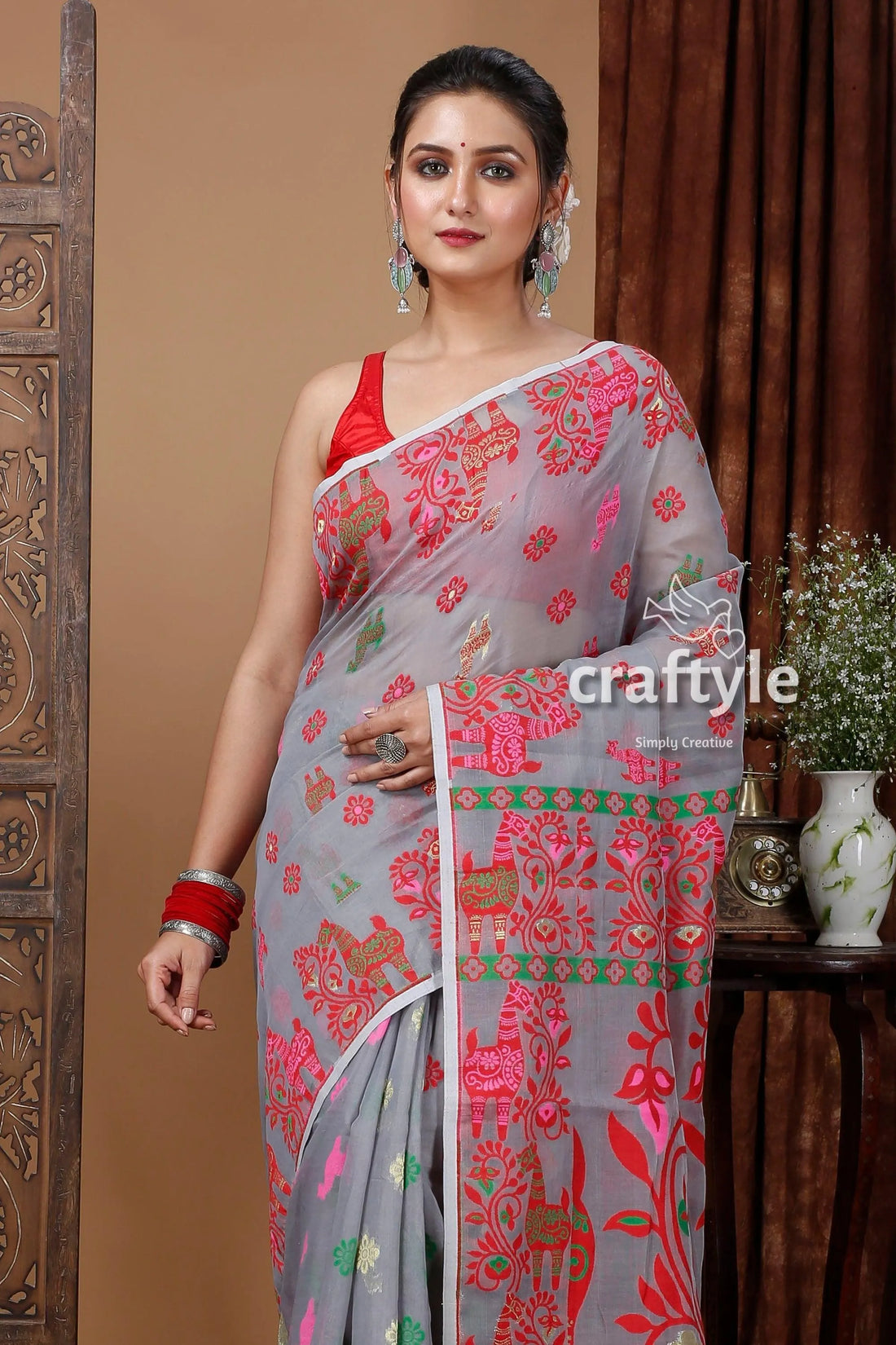 Hit grey red jamdani saree with intricate design gray pink green floral 2