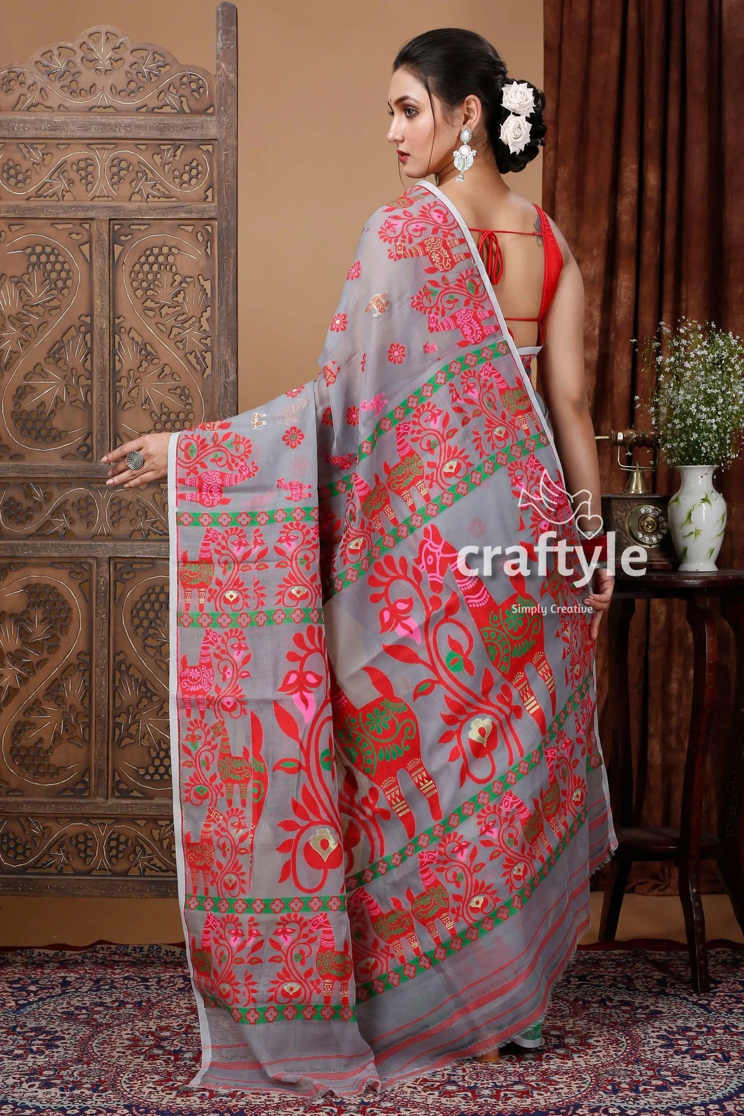 Hit grey red jamdani saree with intricate design gray saree pink green floral 5