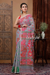 Hit grey red jamdani saree with intricate design gray saree pink floral embroidery 1
