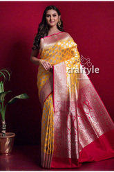 Honey yellow banarasi satin silk saree for women yellow red silk saree 4