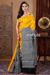 Honey yellow & black hand block pure mulberry silk saree yellow striped saree 3