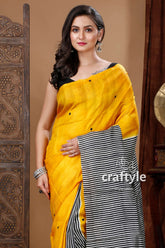 Honey yellow & black hand block pure mulberry silk saree yellow black striped saree 2