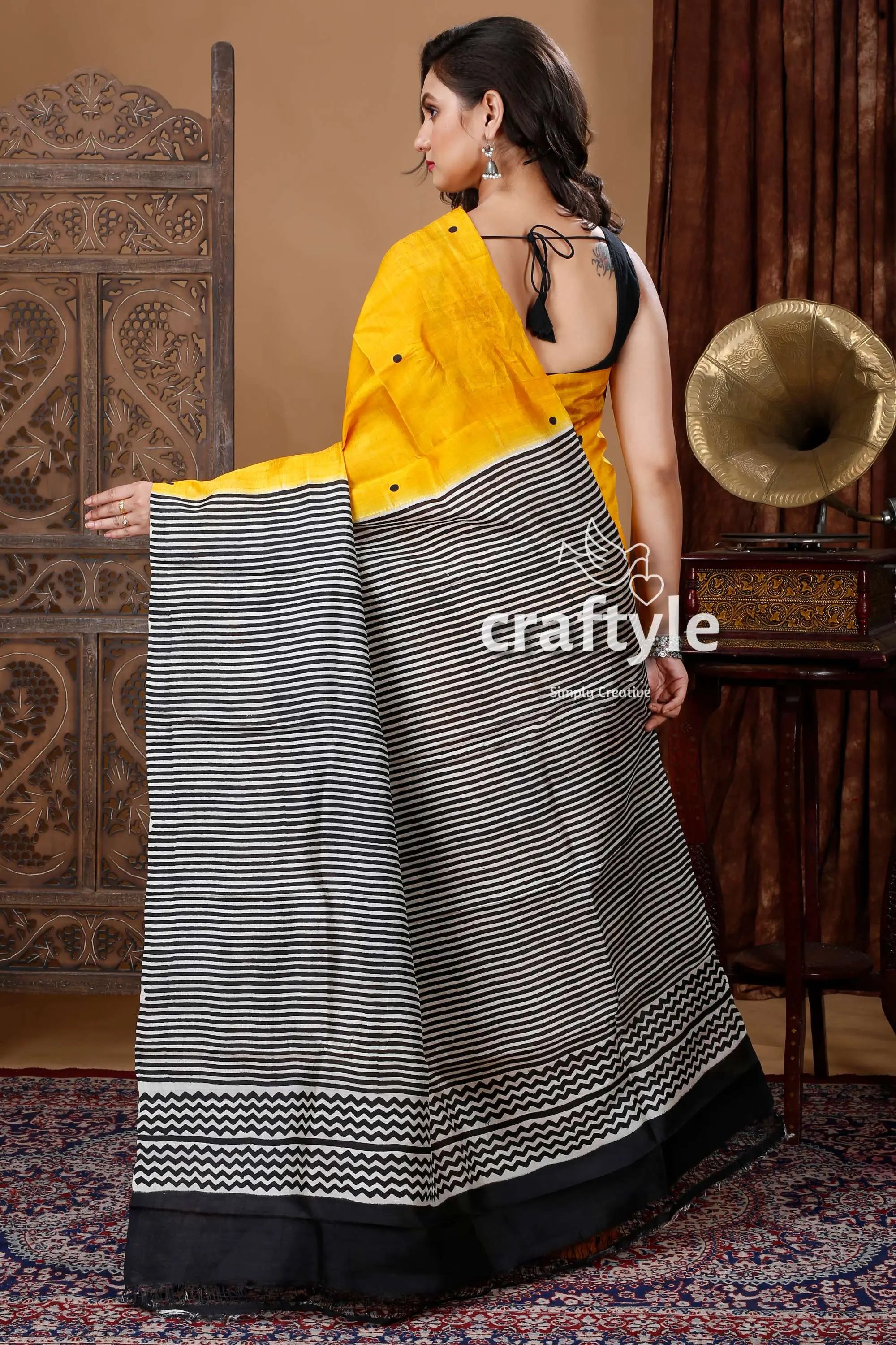 Honey yellow & black hand block pure mulberry silk saree yellow black striped saree 4