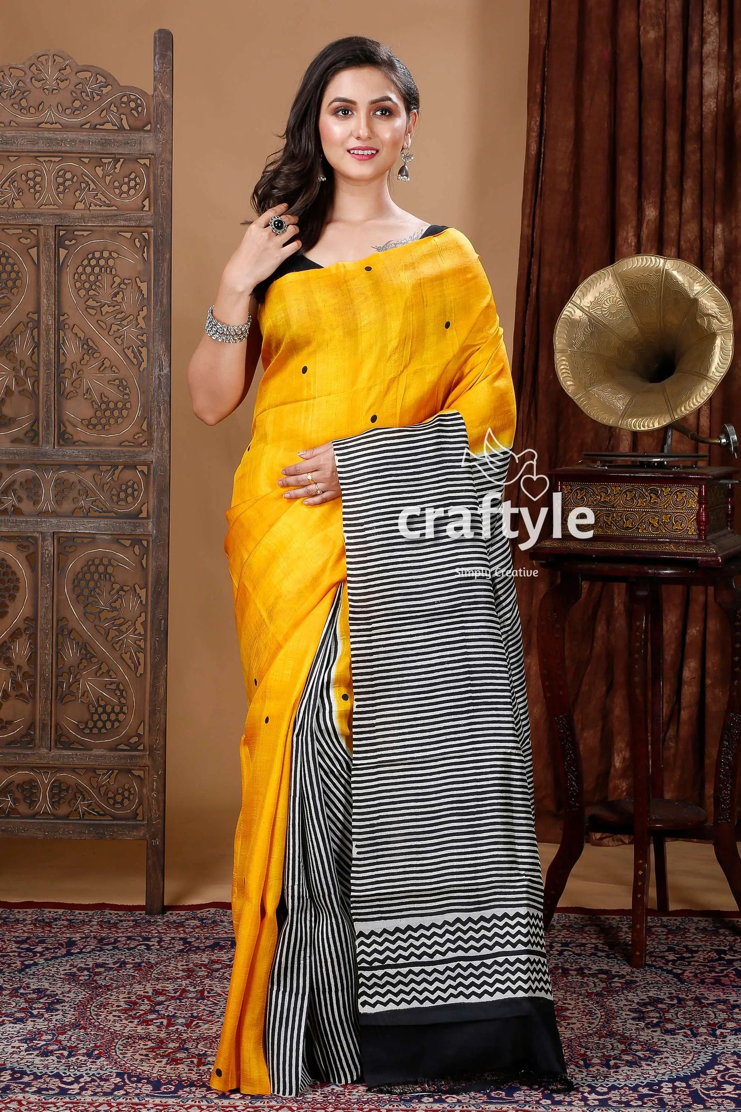 Honey yellow & black hand block pure mulberry silk saree woman yellow black striped saree 1