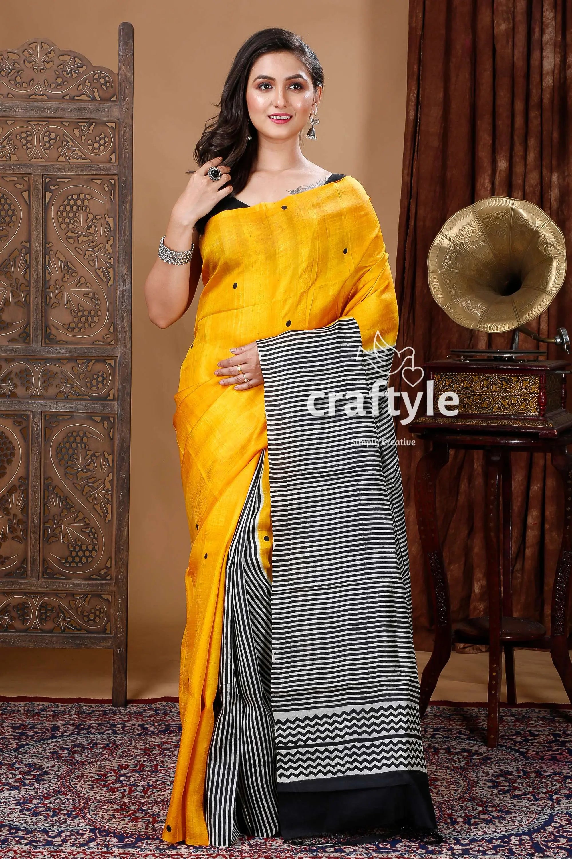 Honey yellow & black hand block pure mulberry silk saree woman yellow black striped saree 1