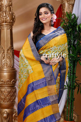 Honey yellow hand block zari pure tussar saree for women woman yellow blue saree 2