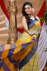 Honey yellow hand block zari pure tussar saree for women woman yellow blue saree 3
