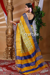 Honey yellow hand block zari pure tussar saree for women yellow blue striped saree 4