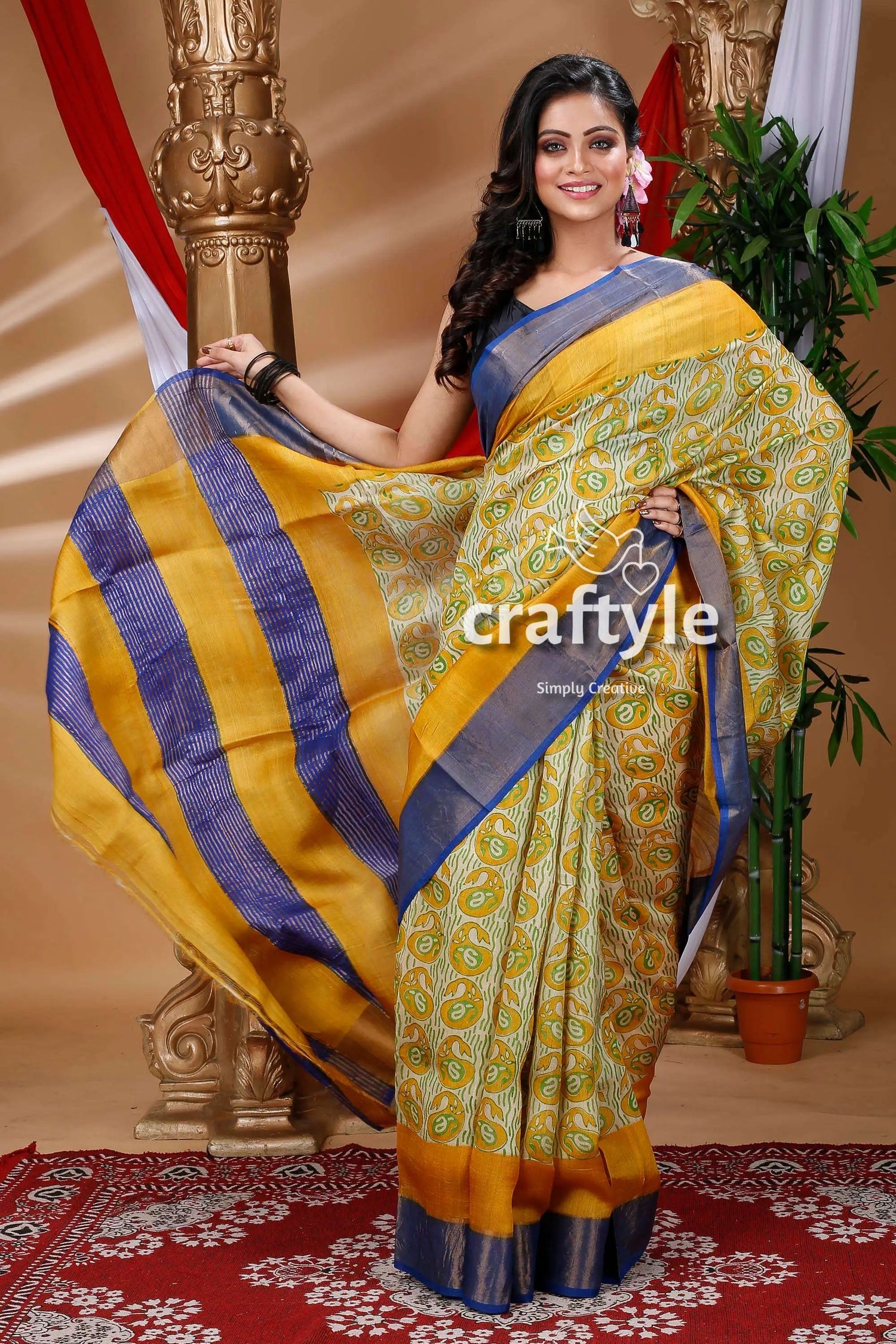 Honey yellow hand block zari pure tussar saree for women yellow blue patterned saree 1