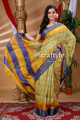 Honey yellow hand block zari pure tussar saree for women yellow blue patterned saree 1