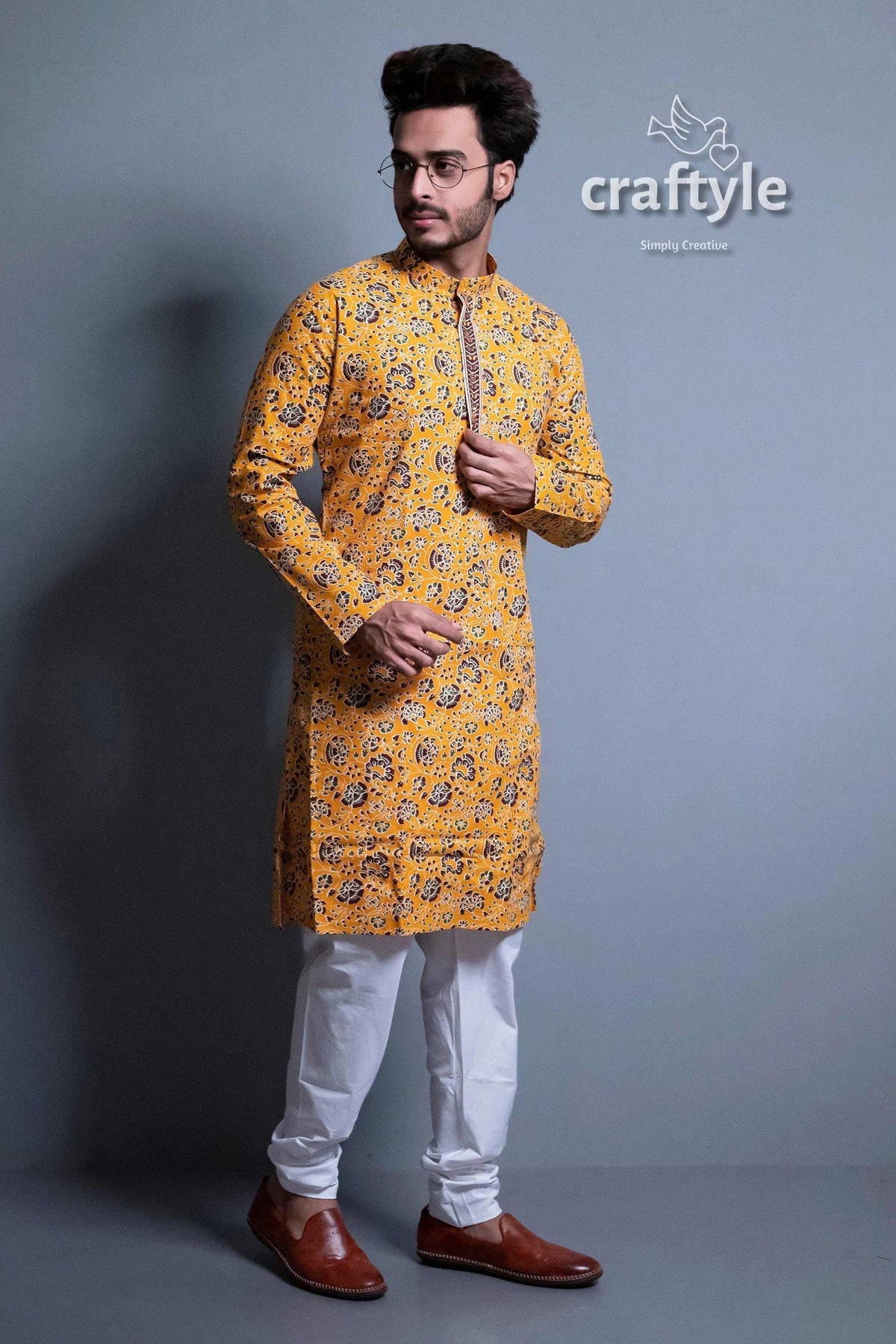 Honey yellow kalamkari kurta - ethnic designer mens wear man patterned white 4