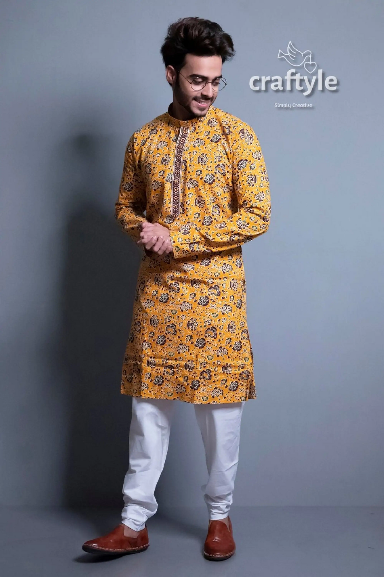 Honey yellow kalamkari kurta ethnic designer mens wear man yellow patterned kurta white 2