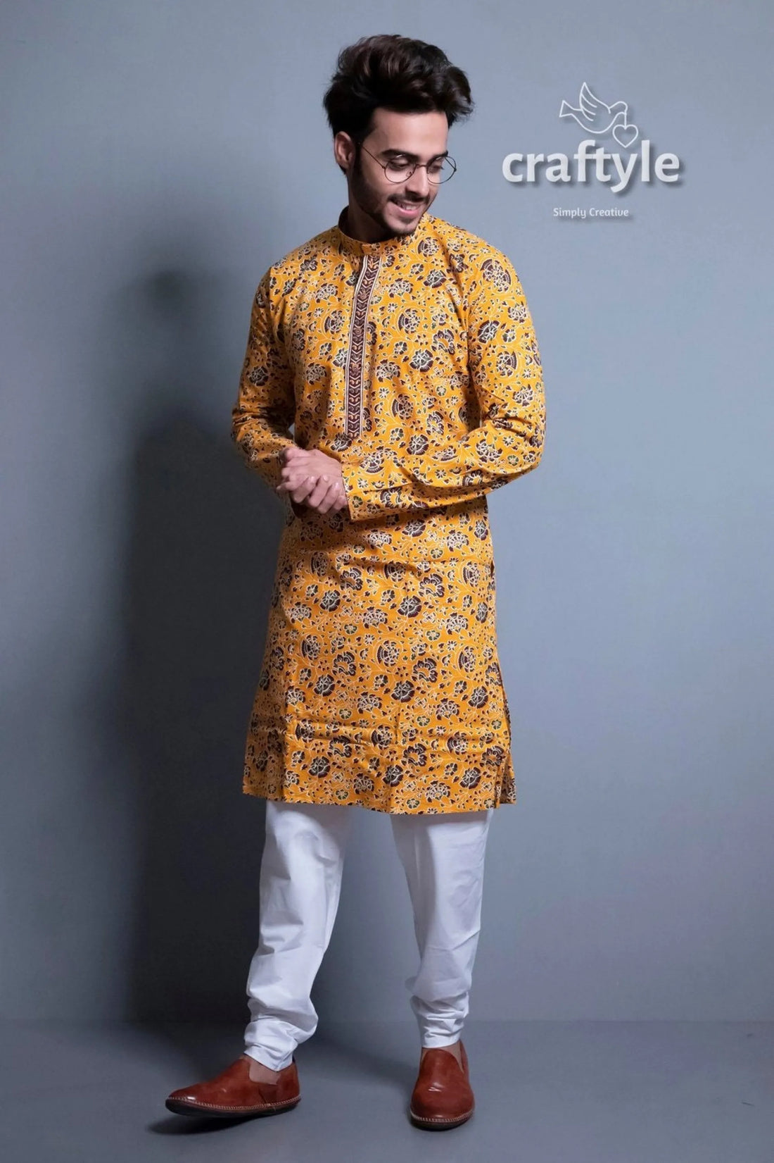 Honey yellow kalamkari kurta - ethnic designer mens wear man patterned white 2