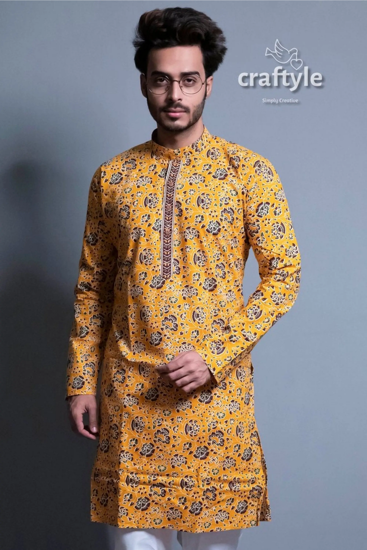 Honey yellow kalamkari kurta ethnic designer mens wear yellow patterned kurta 3