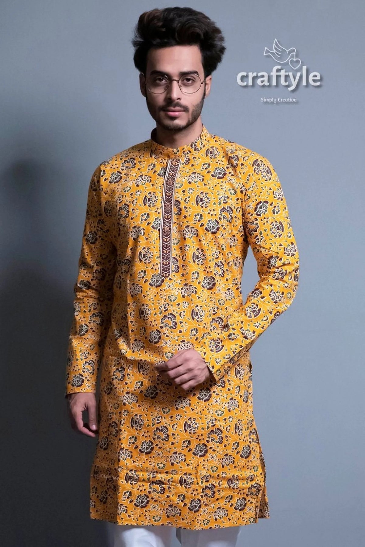 Honey yellow kalamkari kurta - ethnic designer mens wear patterned 3