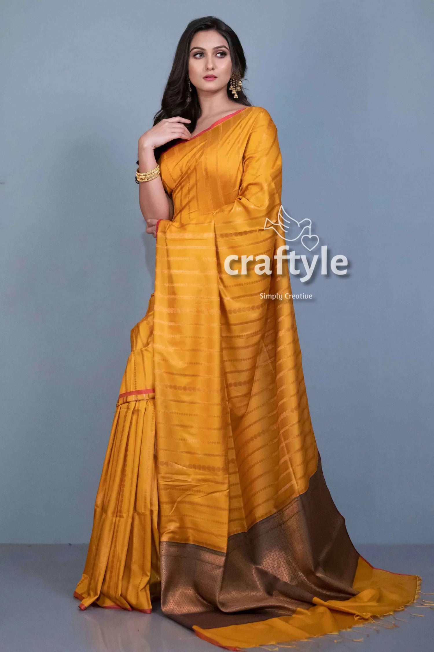 Honey yellow paithani silk saree with blouse piece mustard yellow striped saree 3