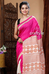 Hot pink & cream white hand block mulberry pure silk saree pink patterned saree 3