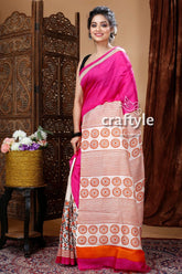 Hot pink & cream white hand block mulberry pure silk saree pink patterned saree 5