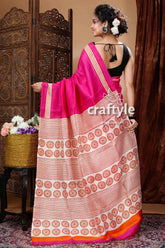 Hot pink & cream white hand block mulberry pure silk saree pink saree patterned border 4