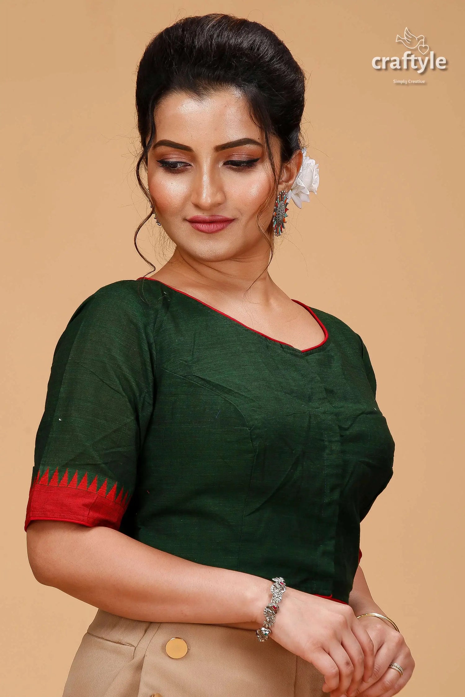 Hunter green pure cotton blouse - handmade kantha patchwork woman dark green blouse red 4