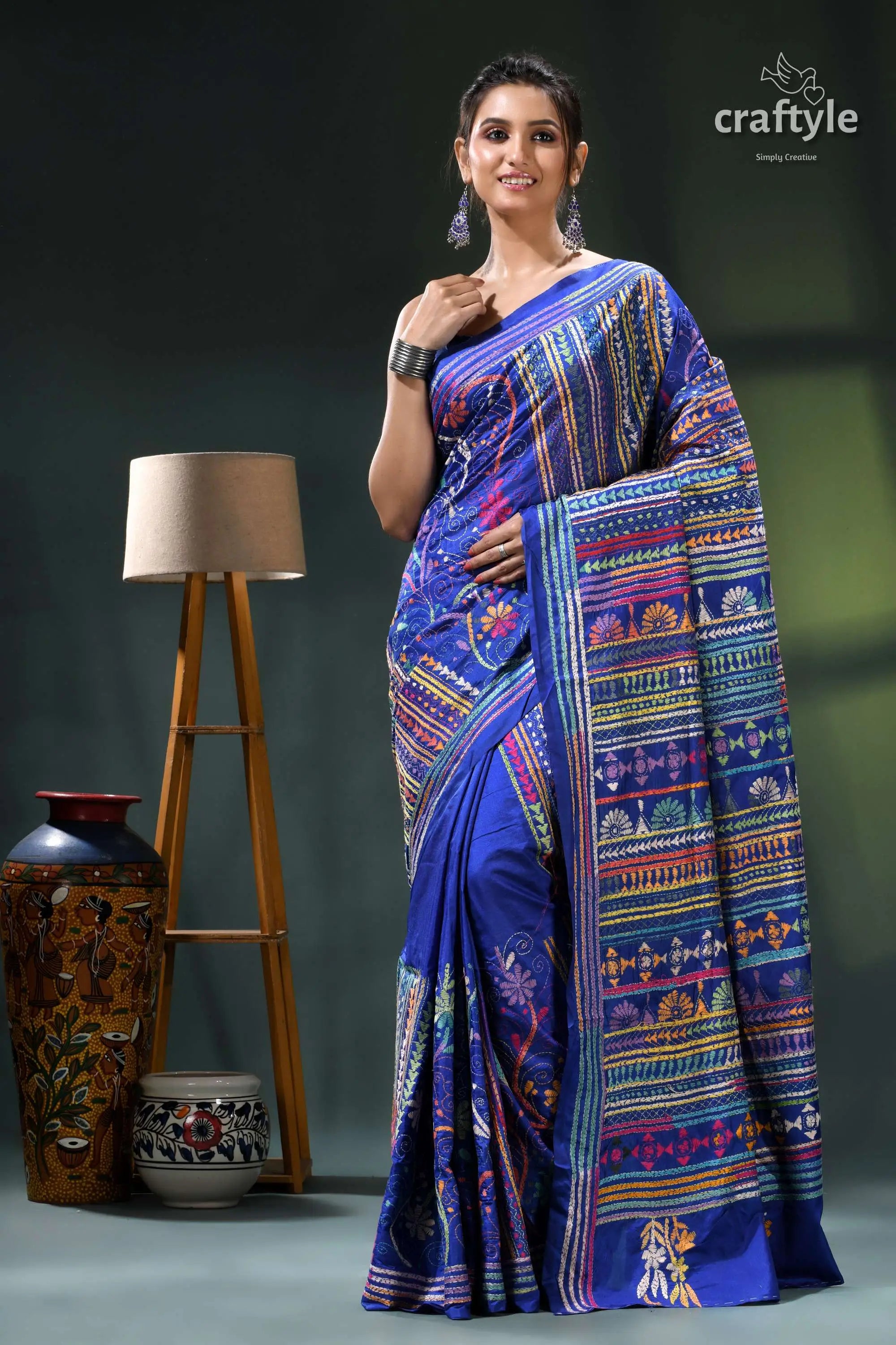 Imperial blue handmade multithread silk kantha saree royal blue saree intricate tribal 6