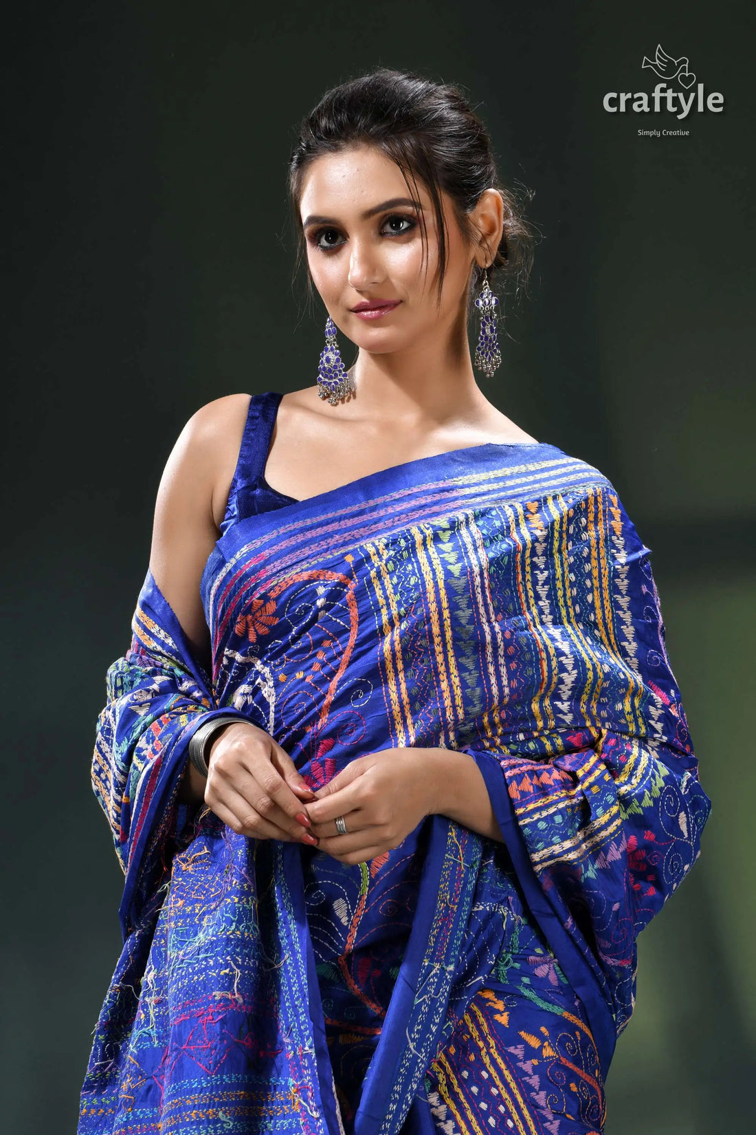 Imperial blue handmade multithread silk kantha saree blue purple patterned saree intricate 2