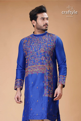 Imperial blue silk punjabi for men with elegant figure motif embroidery blue embroidered kurta 2