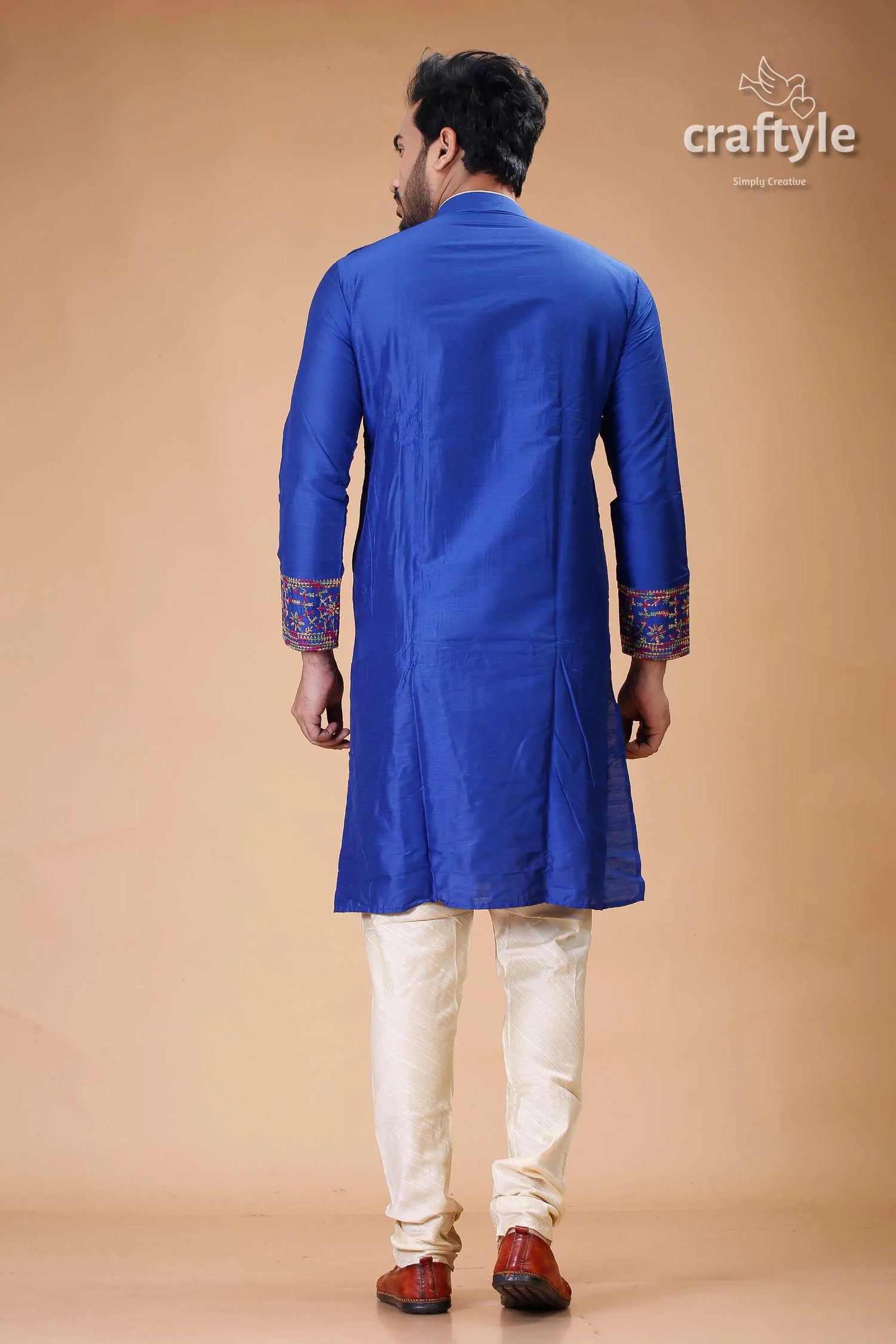 Imperial blue silk punjabi for men with elegant figure motif embroidery blue kurta pajama set 5