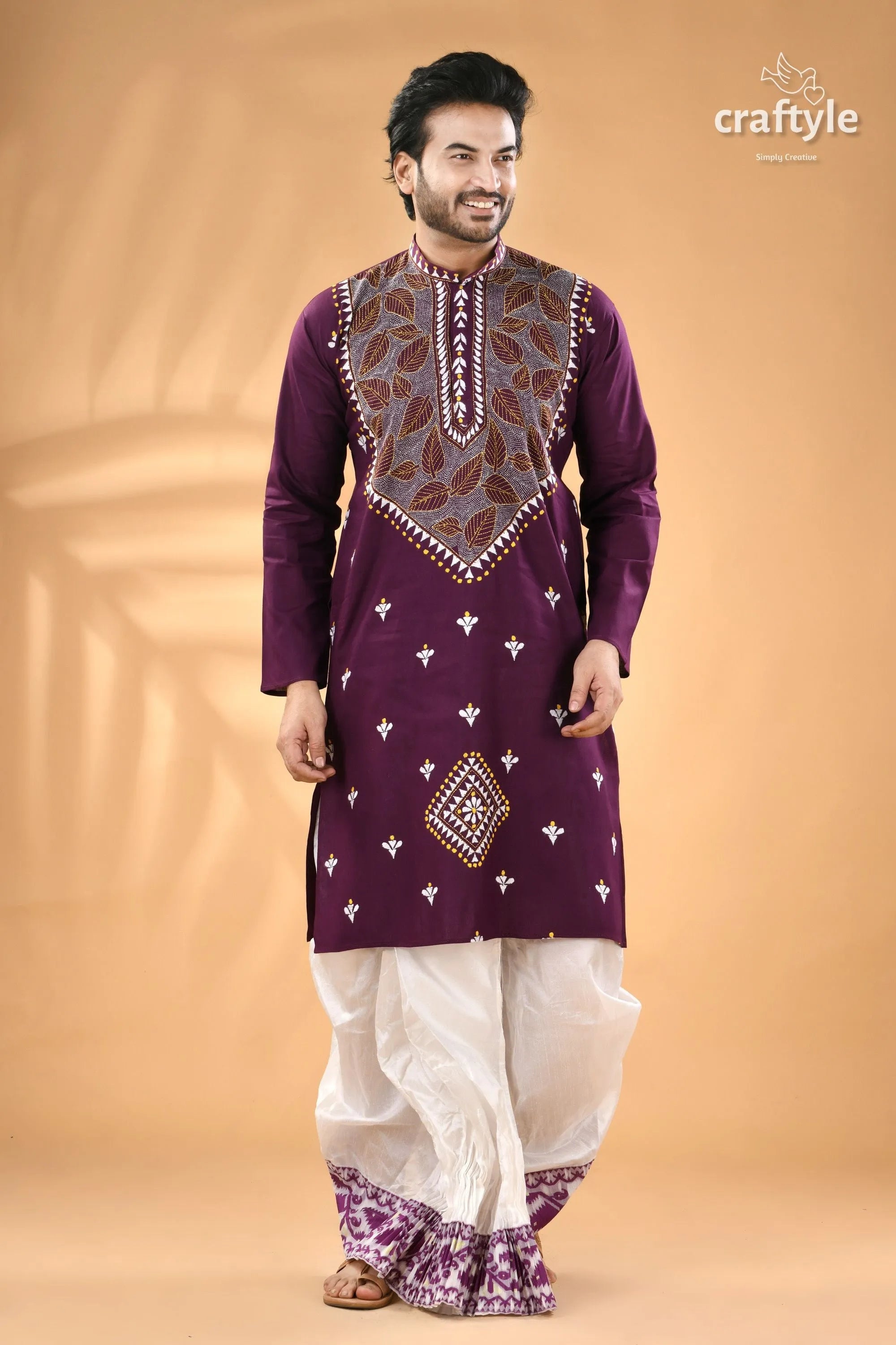 Imperial purple leaf design kantha embroidery gents kurta men’s embroidered white 1