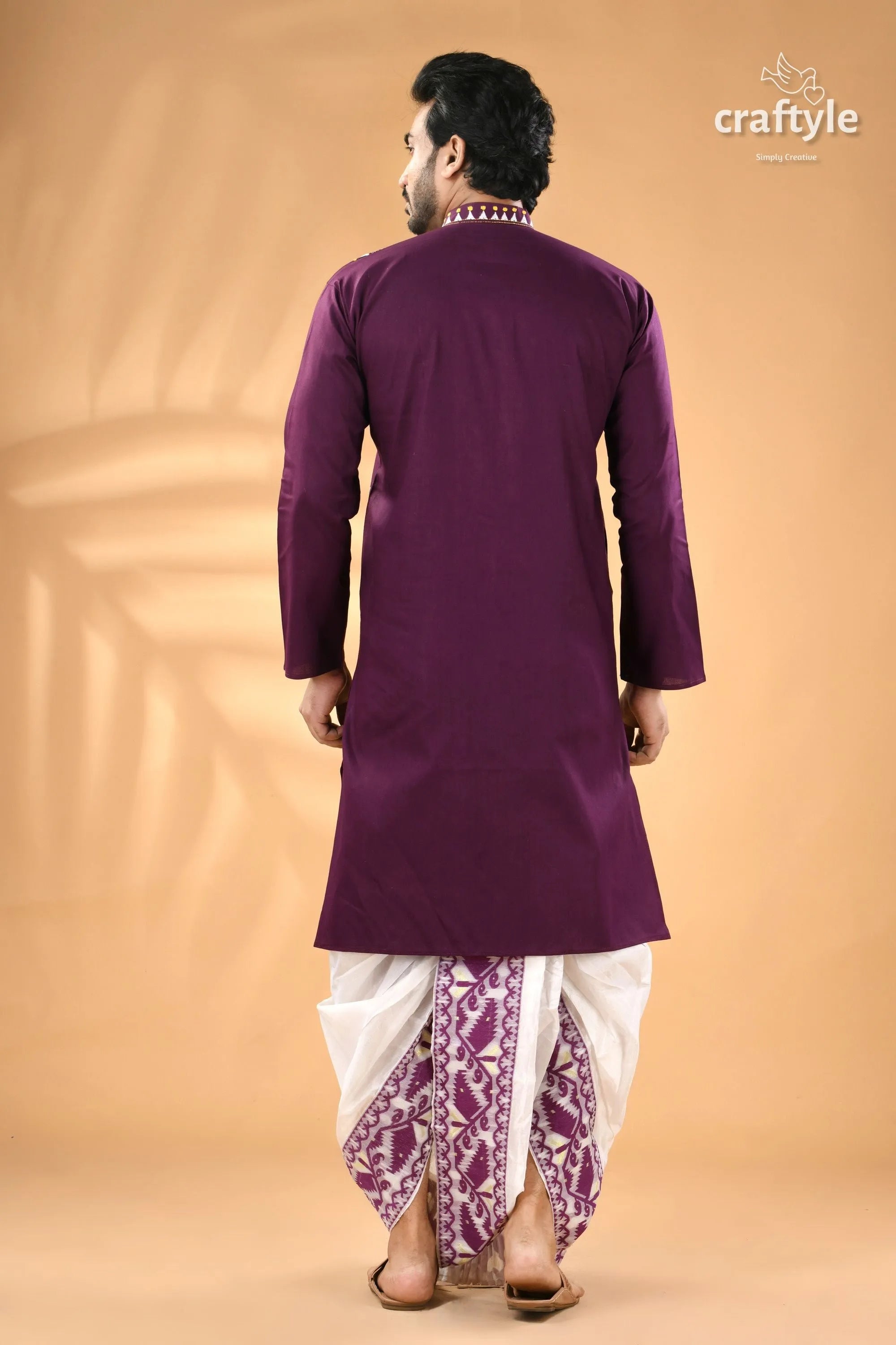 Imperial purple leaf design kantha embroidery gents kurta men’s white patterned 6