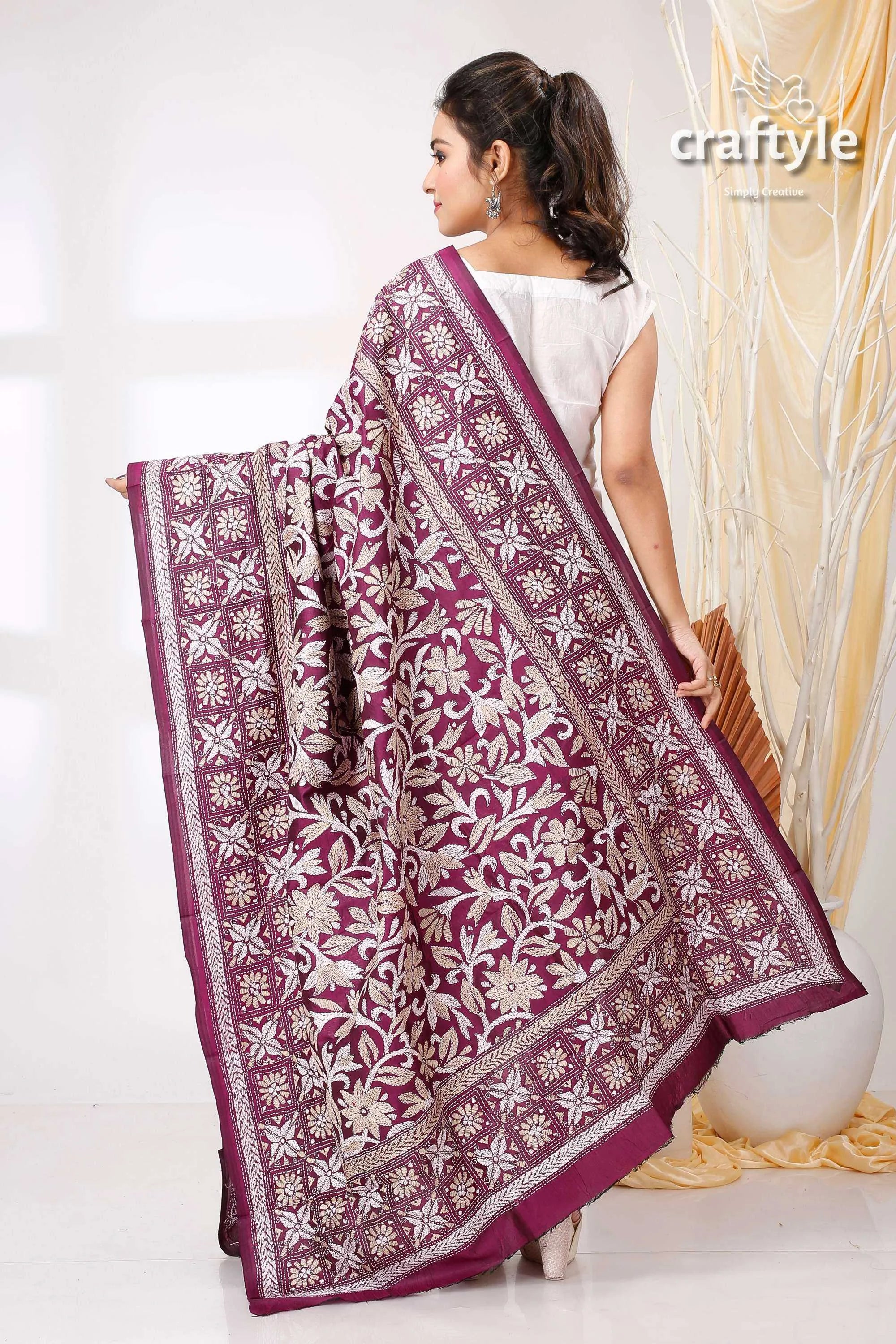 Imperial purple pure bangalore silk kantha stitch shawl maroon floral embroidered 4