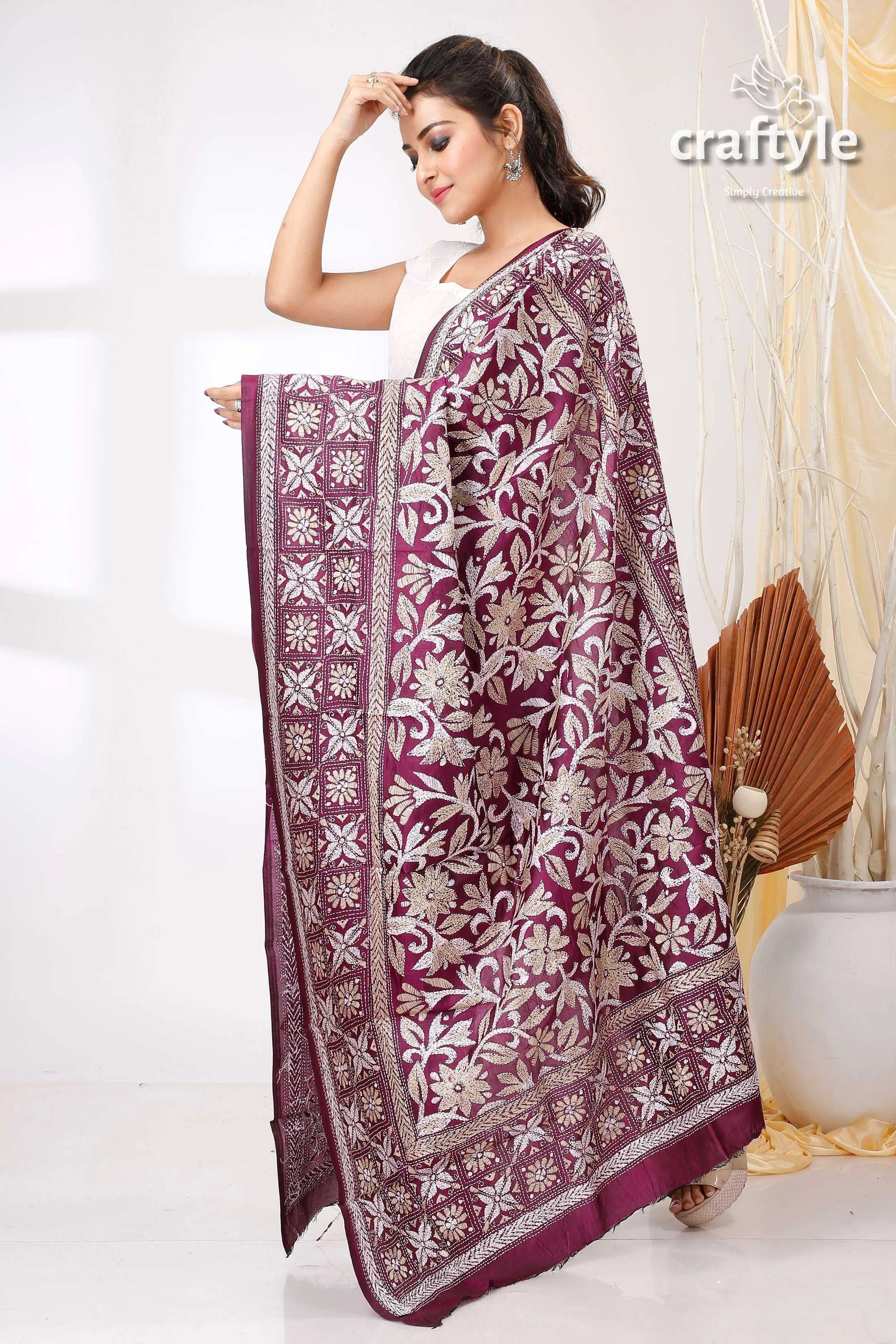 Imperial purple pure bangalore silk kantha stitch shawl maroon floral embroidered 3